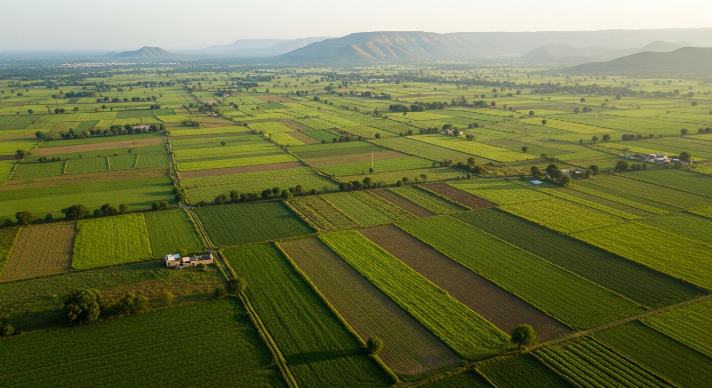 Aerial view of Indian farmland with Aravalli hills
