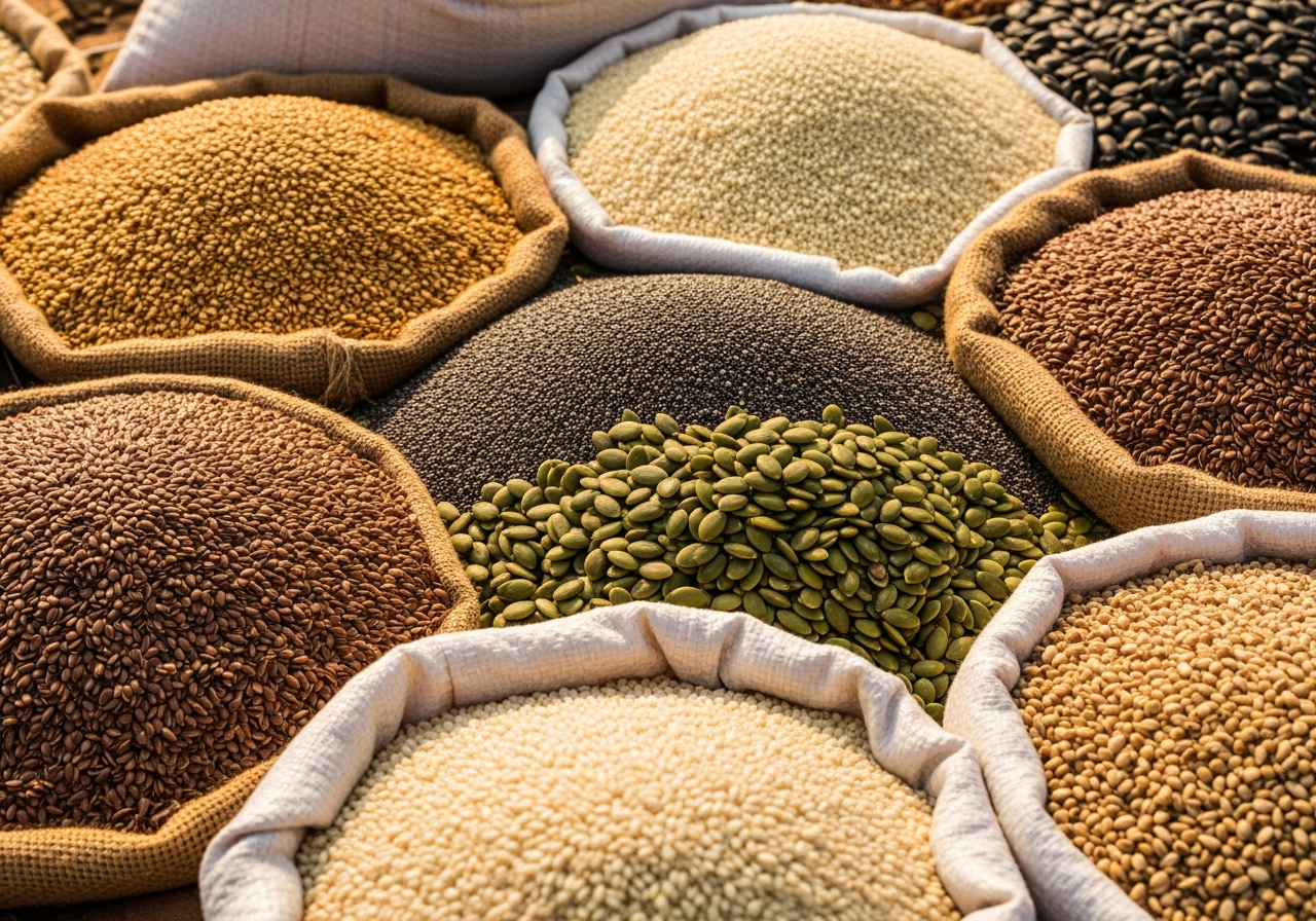 Seeds and grains in jute sacks