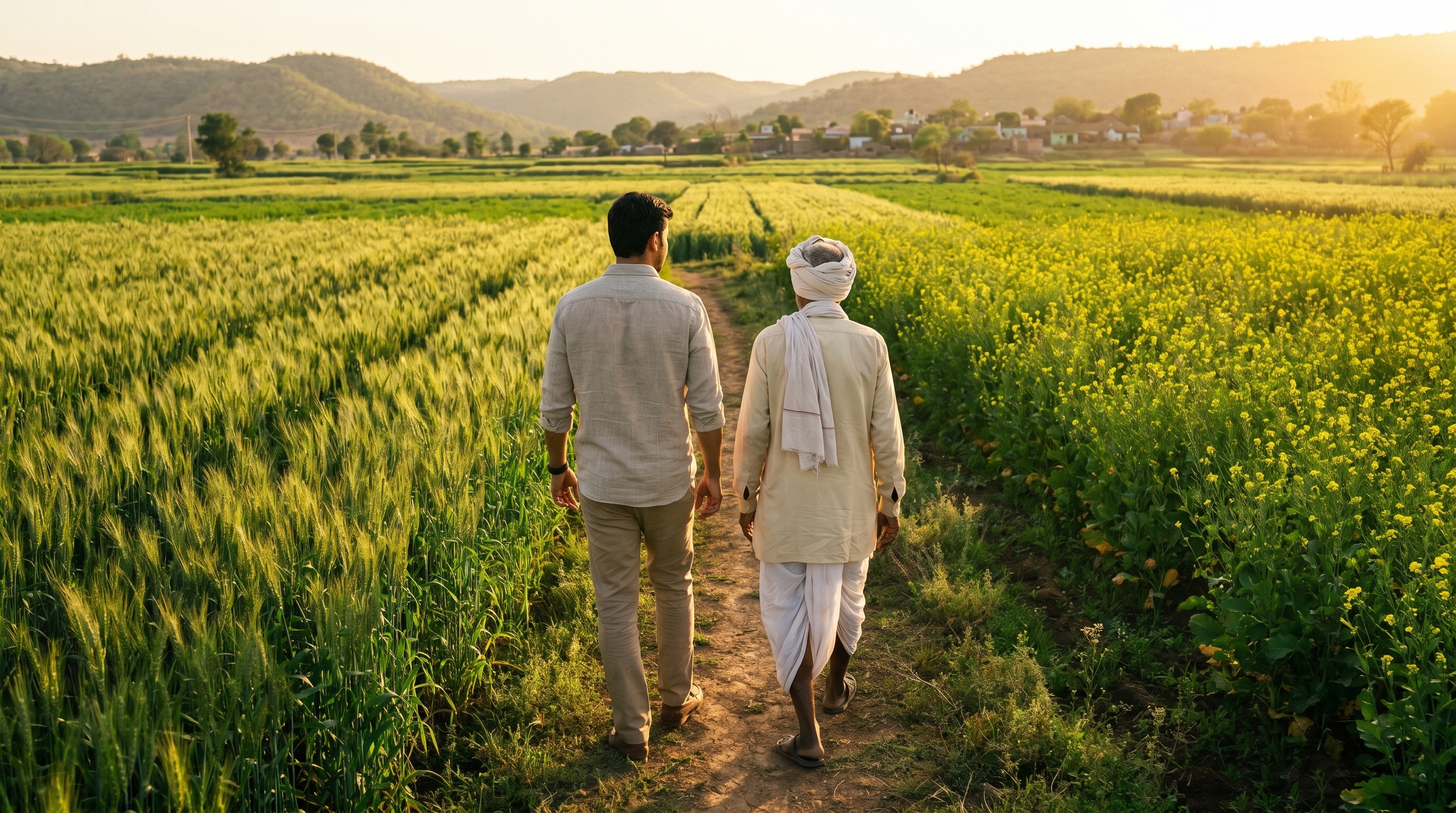 Founder walking through farmland with a farmer